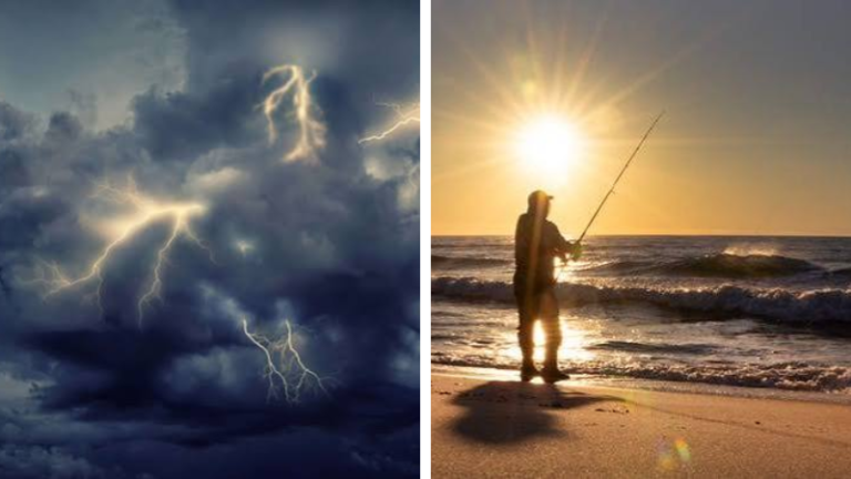 Collage of thunderstorm and NJ beach